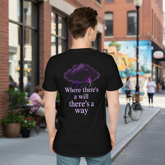 Person wearing a black t-shirt with a purple cloud design and text on the back.