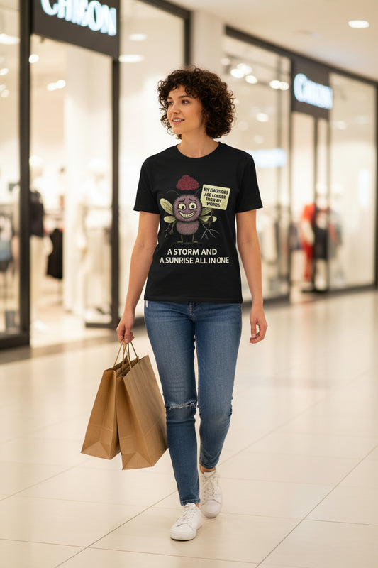 model wearing a tshirt that has tempest the storm mosquito character representing BPD