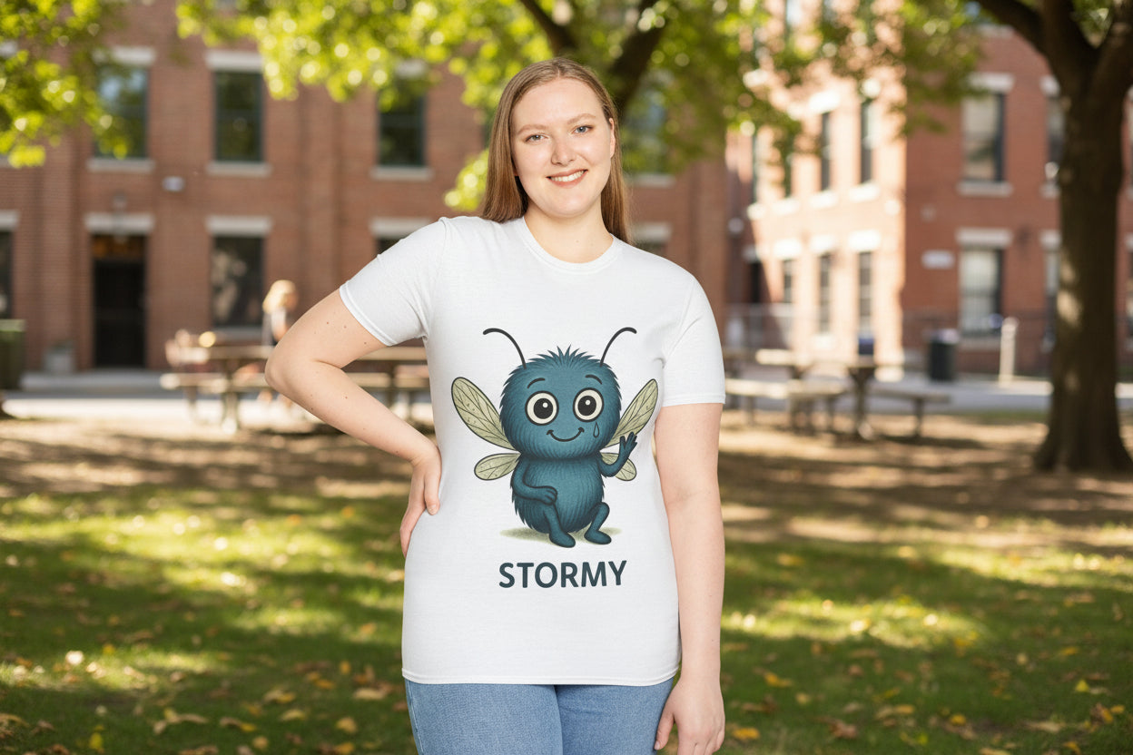 Person wearing a white t-shirt with a cartoon character and 'STORMY' text in a park