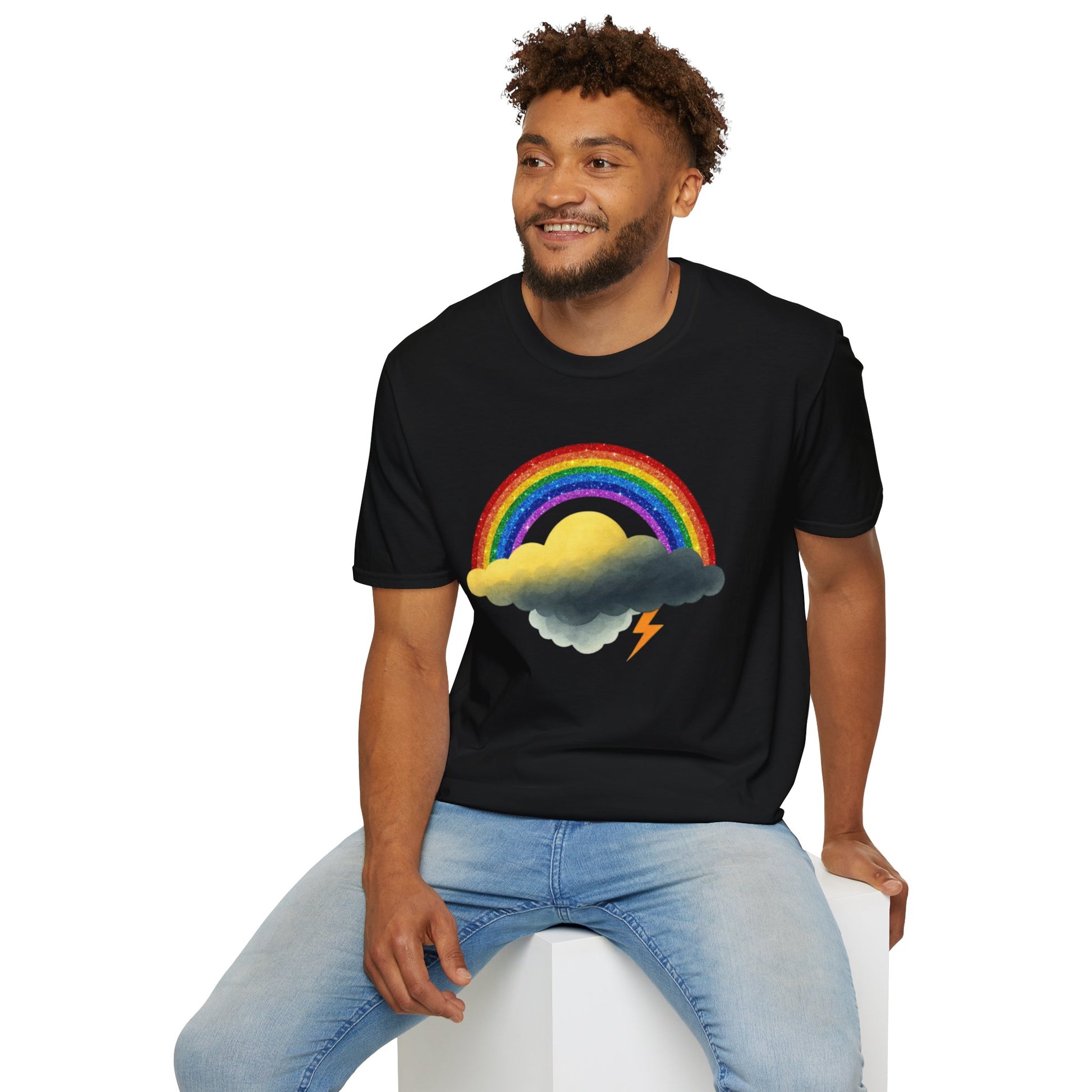 Man wearing a black t-shirt with a rainbow and Jay cloud design on a white background