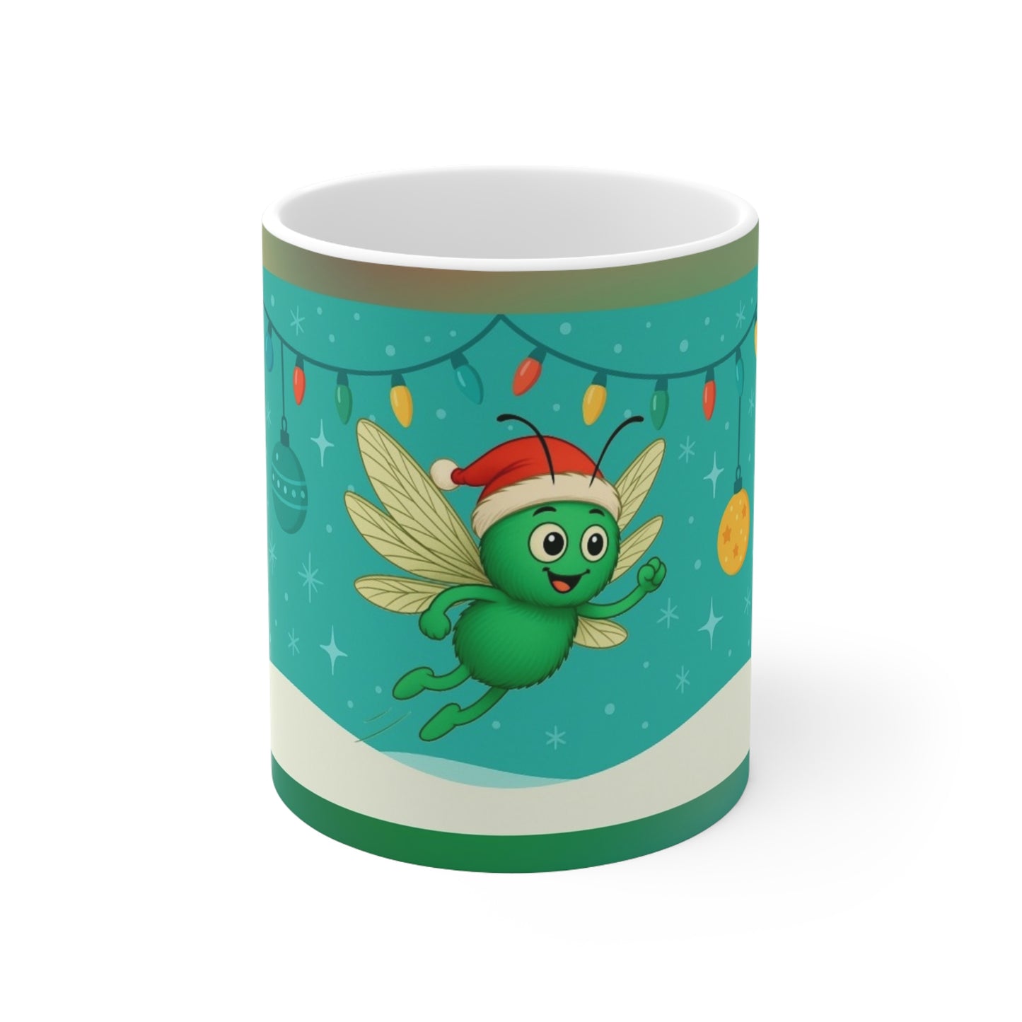 Turquoise Christmas mug design showing Echo flying in a Santa hat with baubles, lights, gentle snowflakes, and snowy hills.