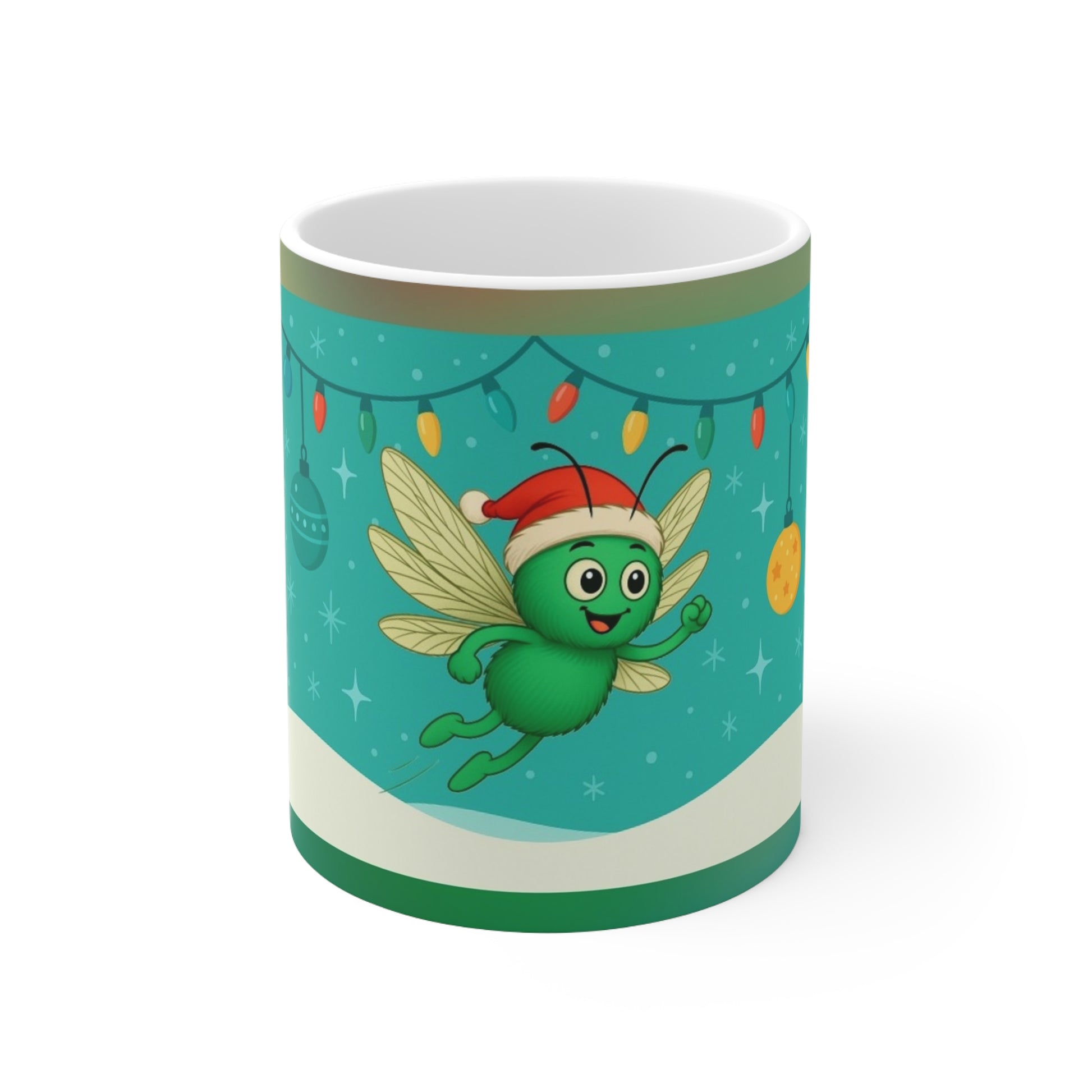 Turquoise Christmas mug design showing Echo flying in a Santa hat with baubles, lights, gentle snowflakes, and snowy hills.