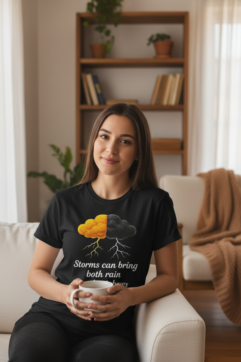 Woman wearing a black t-shirt with a cloud Storm Mosquitos Apparel design and text, sitting on a couch in a cozy living room.