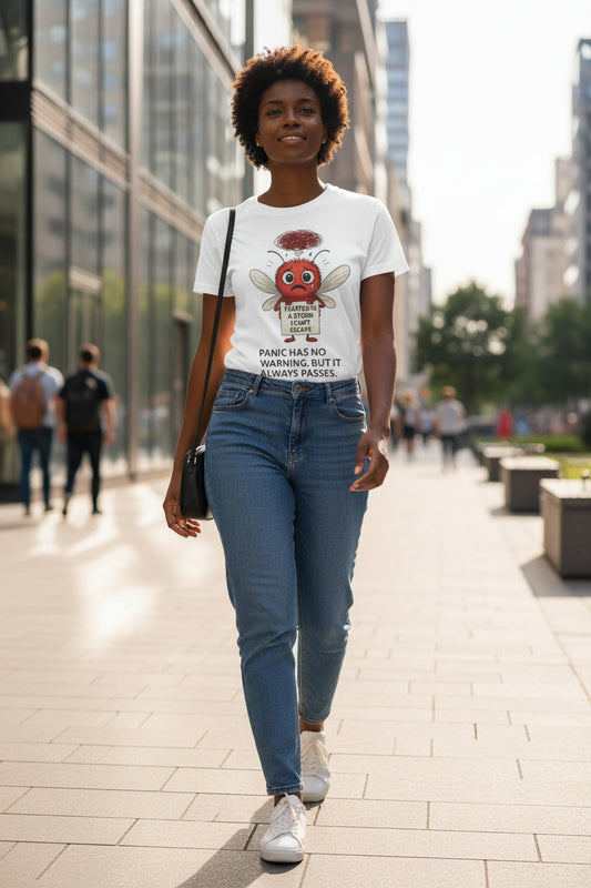 person walking down the street wearing a White t-shirt with a cartoon Buster Character with Panic Disorder Design – Text “Panic Has No Warning But It Always Passes” – Storm Mosquitos Apparel