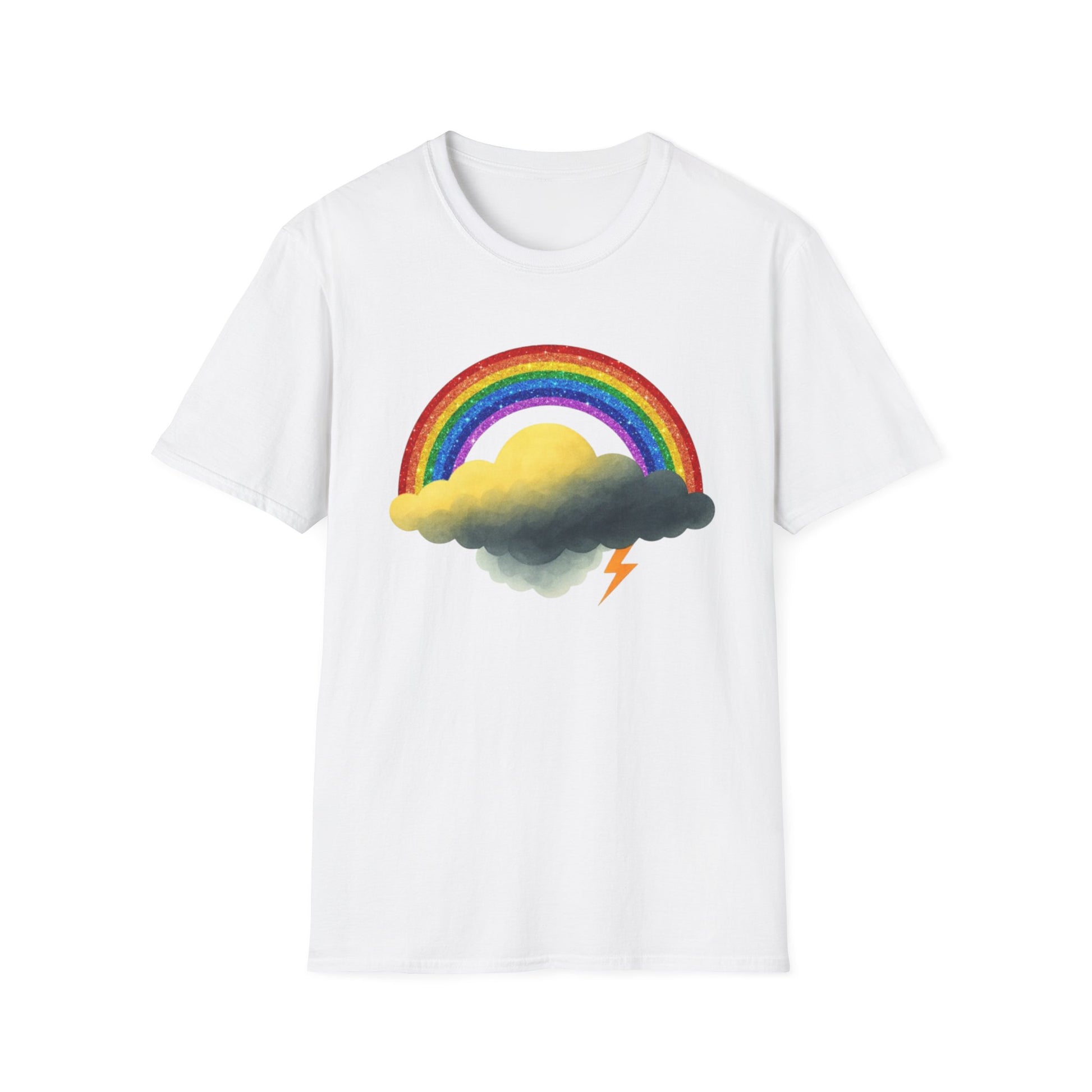 White t-shirt with a colorful rainbow and Jay cloud design on a white background