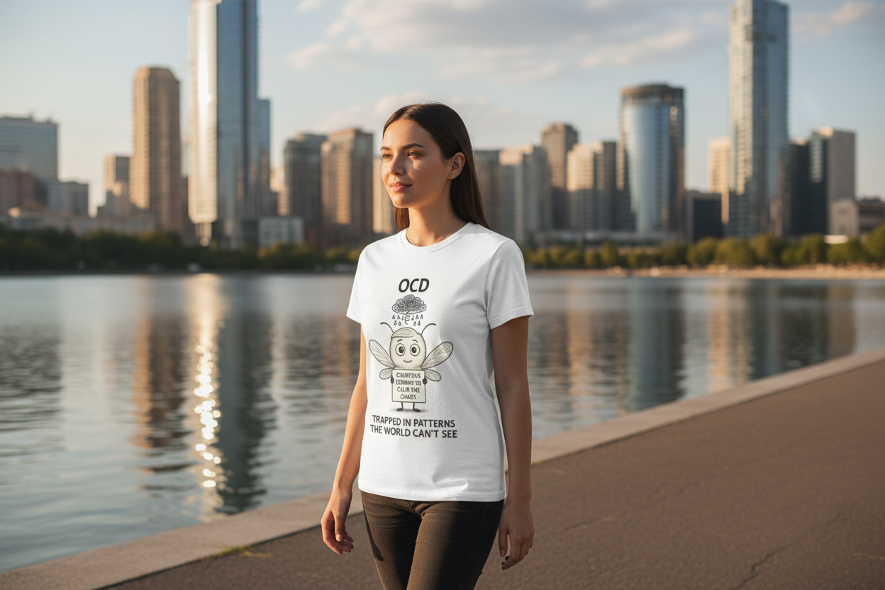 person wearing a Unisex t-shirt featuring Felix, the Storm Mosquito representing OCD, symbolizing order, repetition, and peace within mental loops. Walking past a city lake.