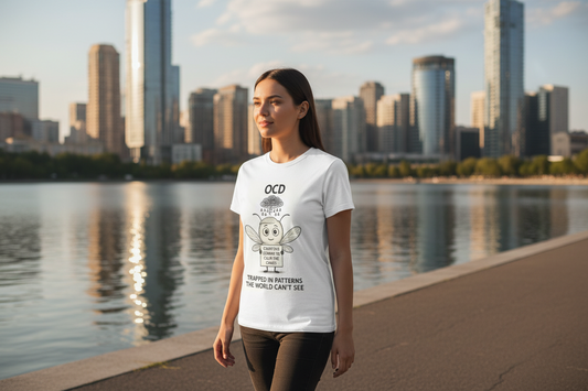 person wearing a Unisex t-shirt featuring Felix, the Storm Mosquito representing OCD, symbolizing order, repetition, and peace within mental loops. Walking past a city lake.