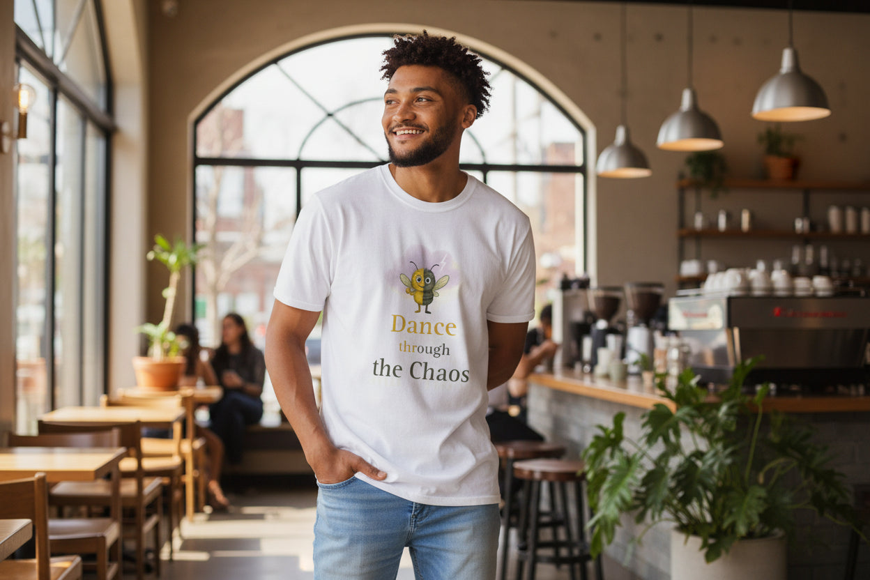 Man wearing a white t-shirt with  graphic storm mosquito design and inspirational text, standing in a cafe