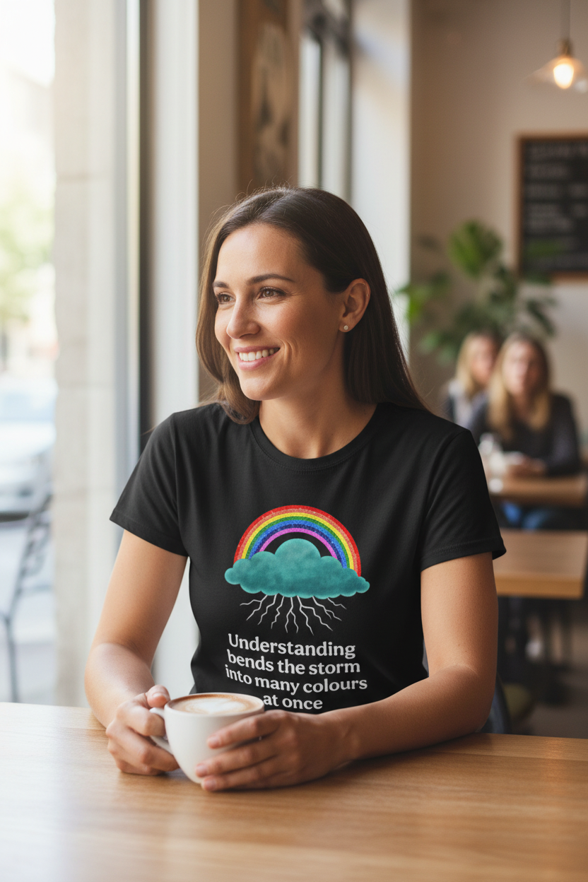 model wearing a Unisex t-shirt from the Rainbow Cloud Collection, featuring a colorful Storm Mosquitos design that represents mental health awareness and emotional resilience. Character: Echo - black front
