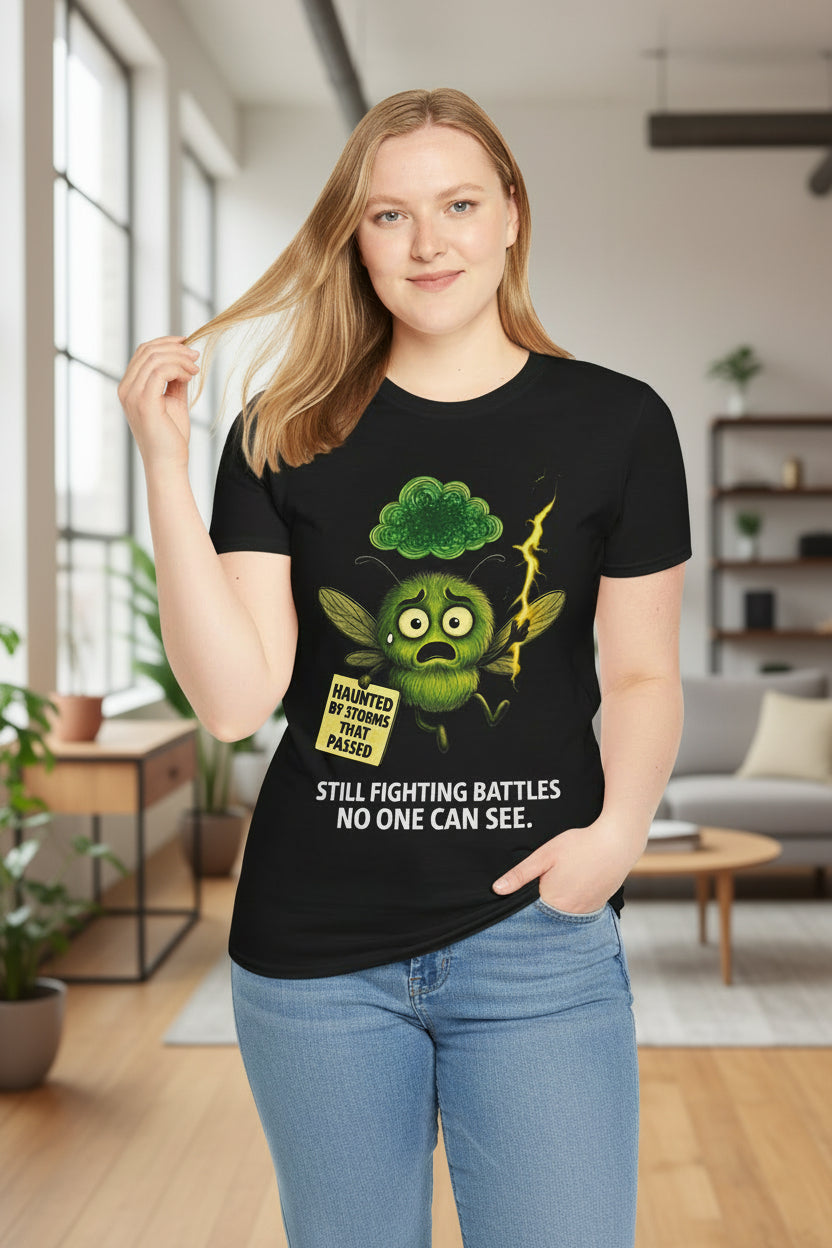 model wearing storm mosquito design tshirt of hope who represents PTSD to raise mental health awareness