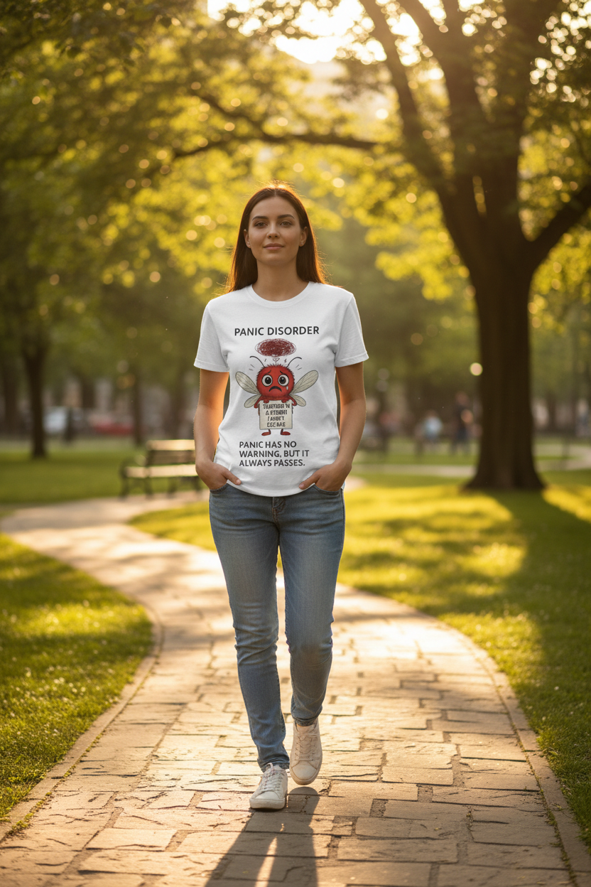 model wearing a Unisex t-shirt featuring Buster, the red Storm Mosquito representing Panic Disorder, captured in a bold storm design that symbolizes calm after chaos. - front