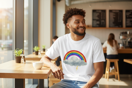 Man sitting in a cafe wearing a white t-shirt with a rainbow and Felix cloud design.