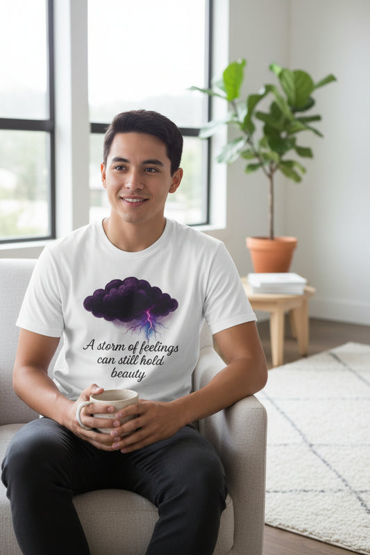 man wearing a tshirt with a purple storm cloud and inspirational quote representing tempest from the storm mosquitos