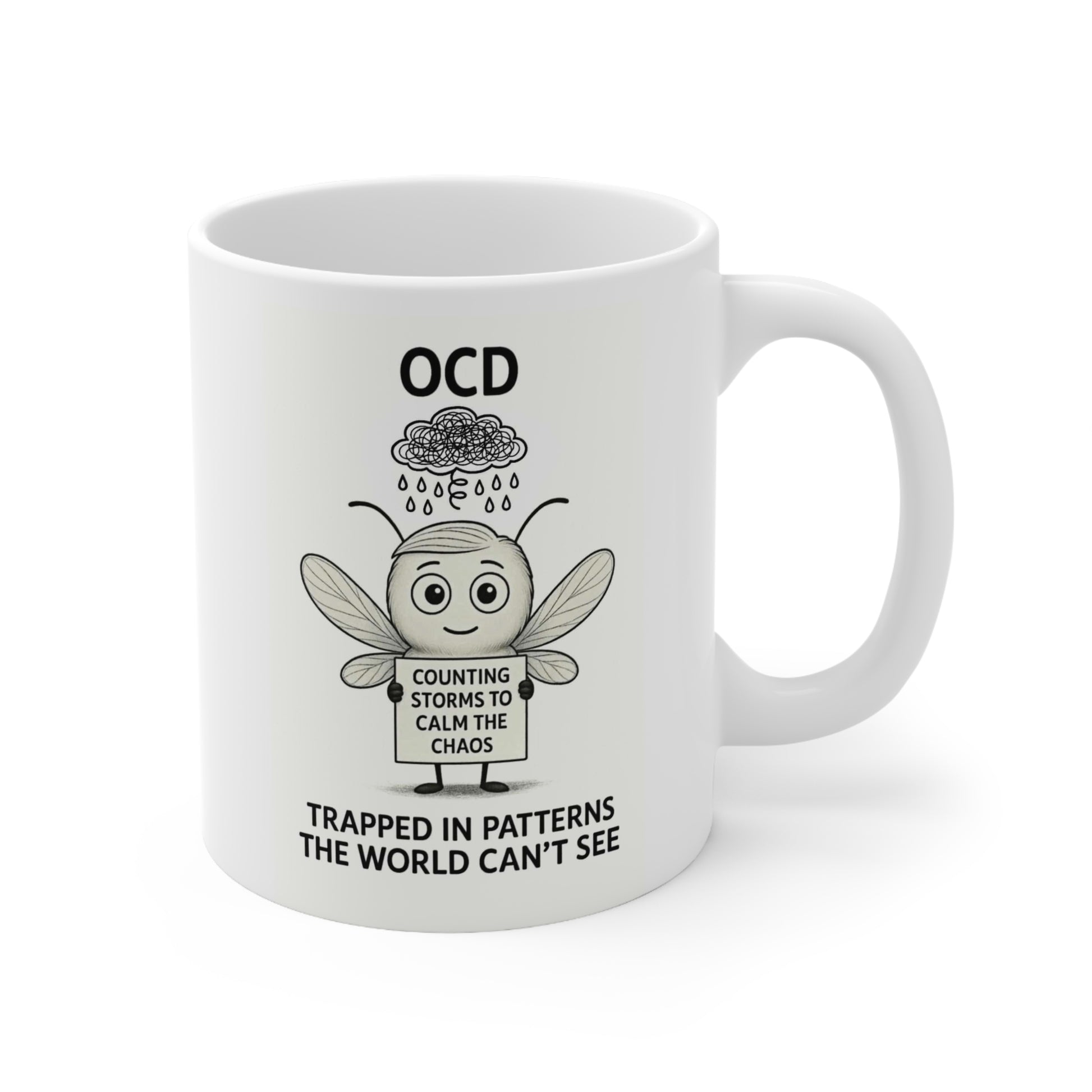 Felix OCD awareness cartoon on mug – Mental Health Musings design