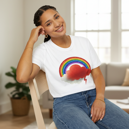 Woman wearing a white t-shirt with a rainbow and Buster cloud design, sitting in a room.