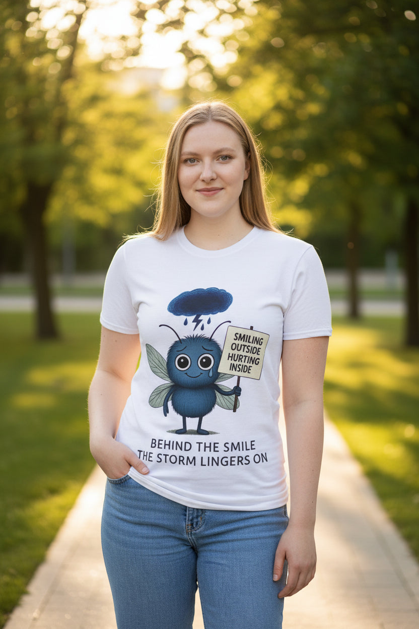 person wearing a unisex tshirt with a graphic design by storm mosquitos apparel of the character Stormy who represents depression awareness