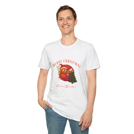 Model wearing white Buster Christmas shirt with Buster in a Santa hat on the front and a matching red Christmas tree on the back. - front