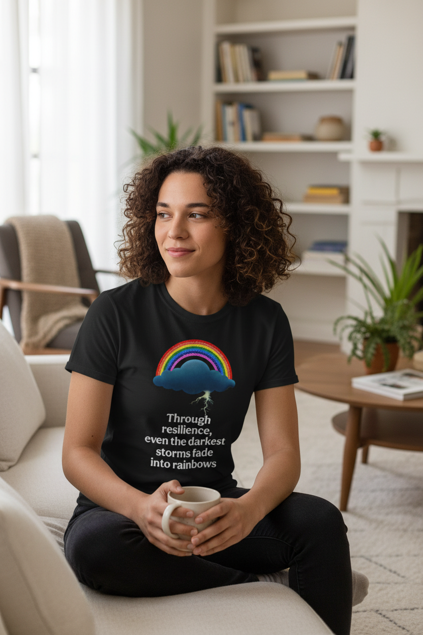 model wearing Unisex t-shirt from the Rainbow Cloud Collection, featuring a colorful Storm Mosquitos design that represents mental health awareness and emotional resilience. Character: Stormy - black front