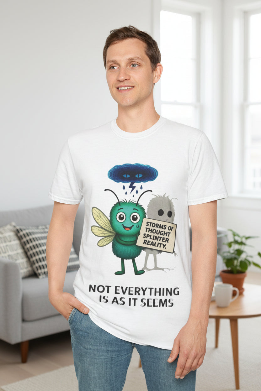 person wearing a unisex tshirt with a graphic design by storm mosquito apparel of the character echo who represents schizophrenia