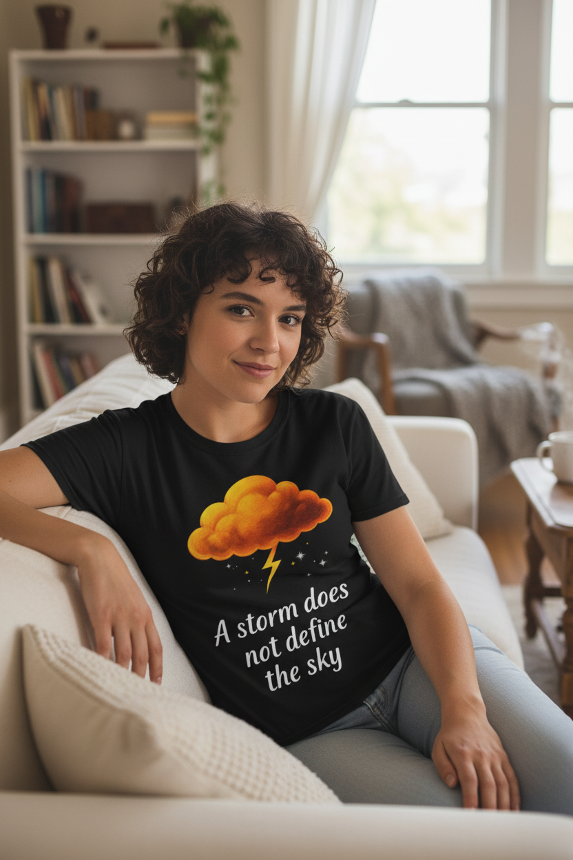 Person wearing a black t-shirt with a yellow cloud and lightning design by Storm Mosquitos Apparel, sitting on a couch in a living room.