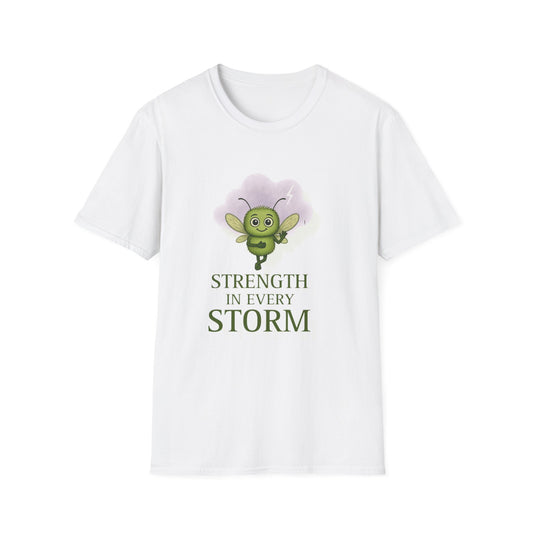 Hope “Strength in every Storm” Mental Health Awareness T-Shirt – soft white cotton tee with uplifting Hope character and quote design - front