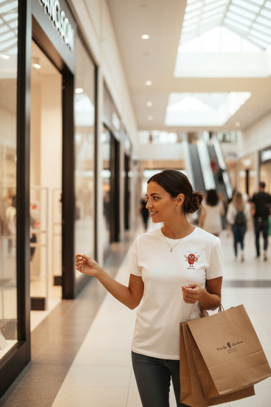 model wearing a White t-shirt with a smallBuster Character T-Shirt – Storm Mosquitos Apparel – Panic Disorder Awareness – Gildan Softstyle 64000 - while mall shopping