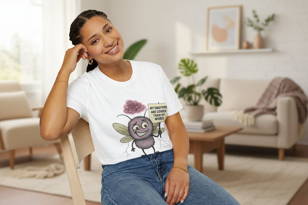 model wearing a unisex tshirt of a graphic design by storm mosquitos apparel of the character Tempest who represents BPD awareness