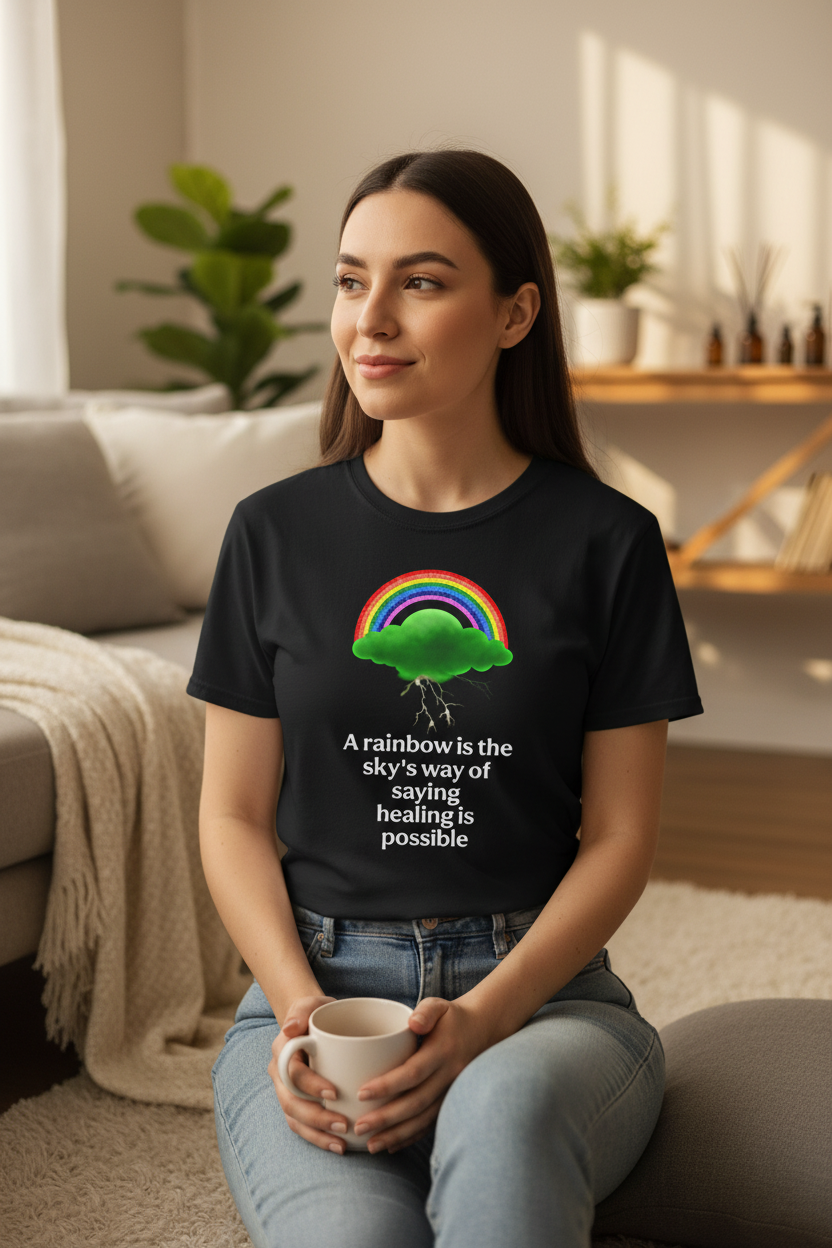 model wearing a Unisex t-shirt from the Rainbow Cloud Collection, featuring a colorful Storm Mosquitos design that represents mental health awareness and emotional resilience. Character: Hope - black front