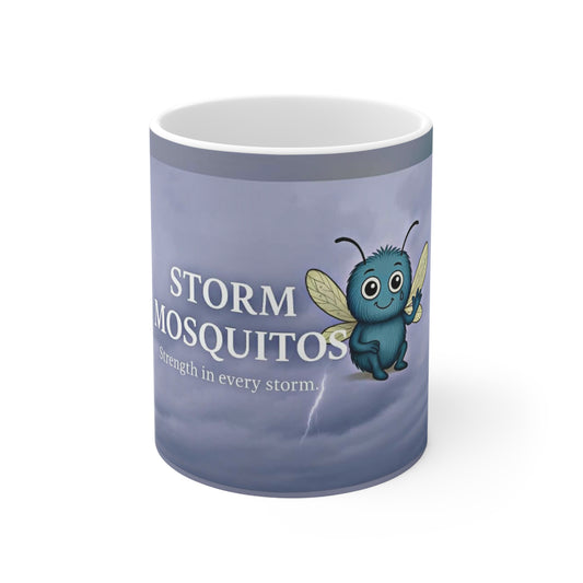 Storm Mosquitos Stormy Blue logo mug featuring blue Stormy character on storm-blue background. - front