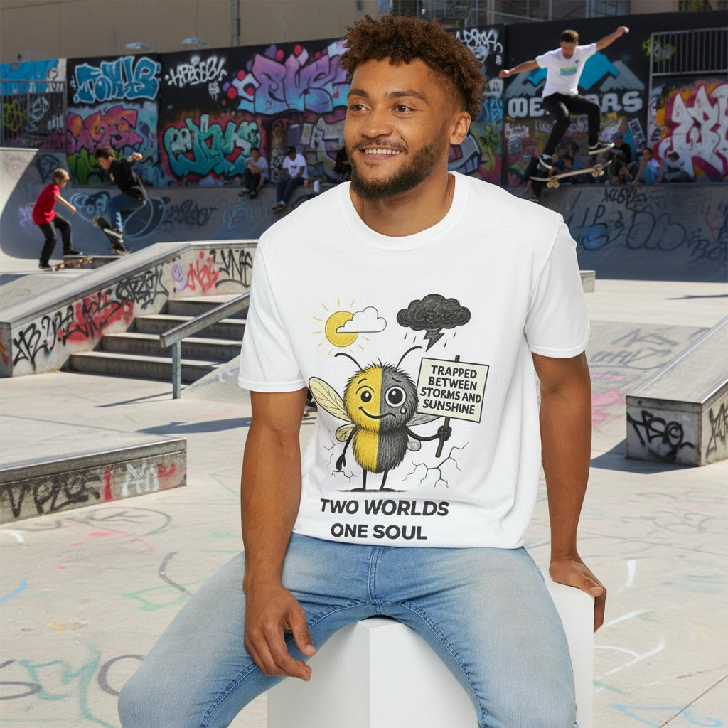 Model wearing a tshirt from the Storm Mosquitos- character Jay representing Bipolar in a skatepark 