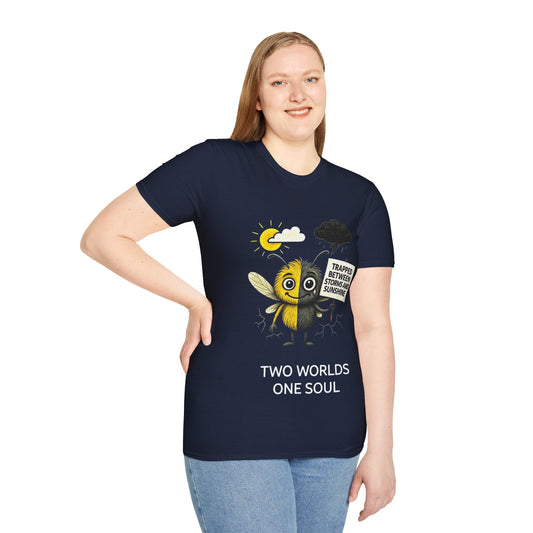 Person wearing a navy blue t-shirt with a graphic of Black Bipolar Awareness T-Shirt – “Trapped Between Storms and Sunshine” Design – Two Worlds One Soul – Storm Mosquitos Apparel