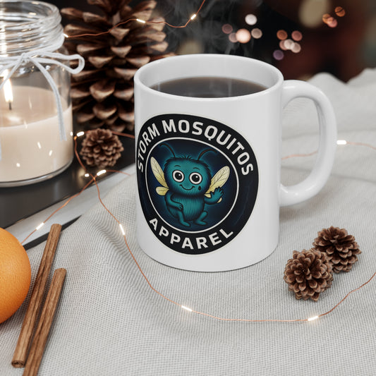 White Storm Mosquitos mug featuring the official circular Apparel badge with Stormy character. - left