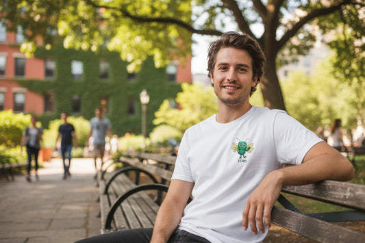 model sitting on a park bench wearing Echo Character T-Shirt – Storm Mosquitos Apparel – Schizophrenia Awareness Shirt