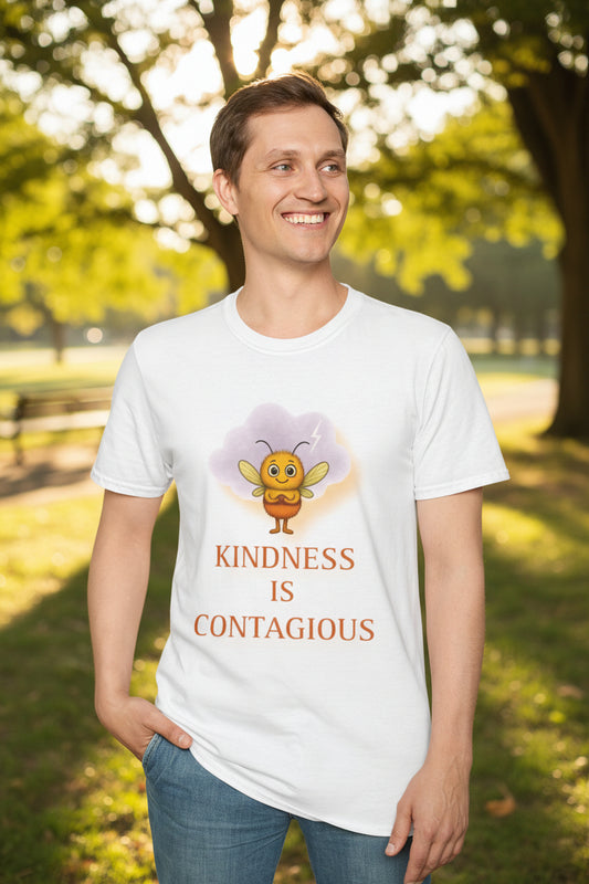 Person wearing a white t-shirt with a storm mosquito graphic and 'Kindness is Contagious' quote in the park