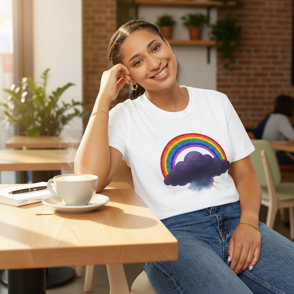 Woman wearing a white t-shirt with a rainbow and Tempest cloud design, sitting at a table in a cafe.