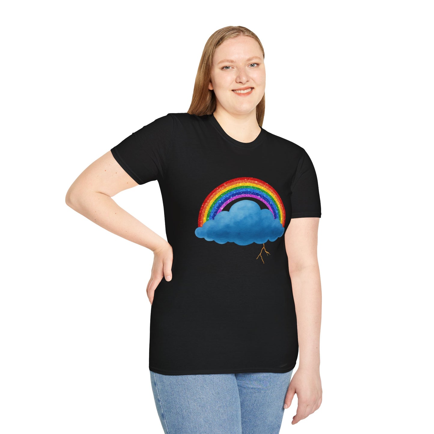 Person wearing a black t-shirt with a rainbow and Stormy cloud design on a white background