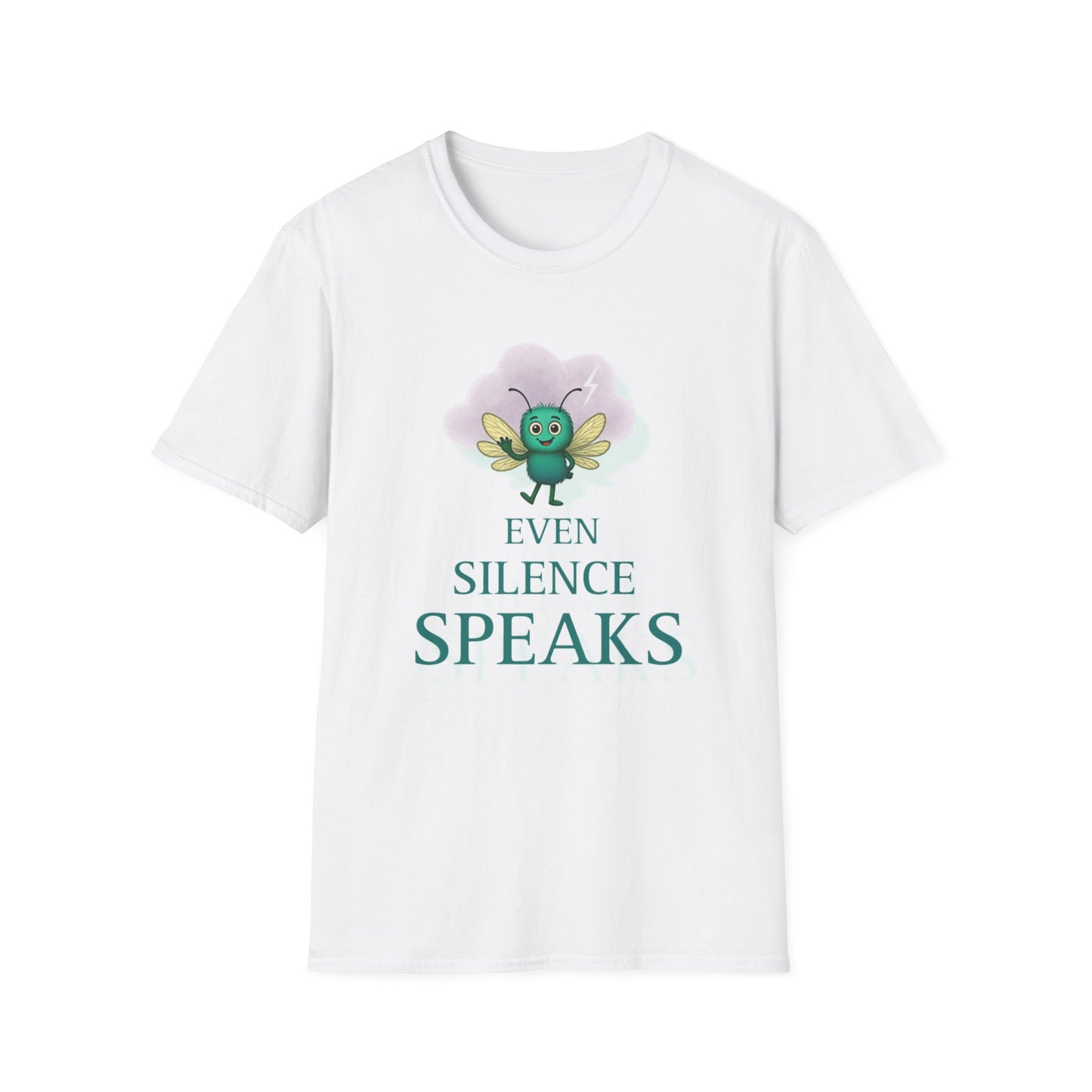 White t-shirt with a graphic of echo from the storm mosquitos and text 'Even Silence Speaks' on a white background