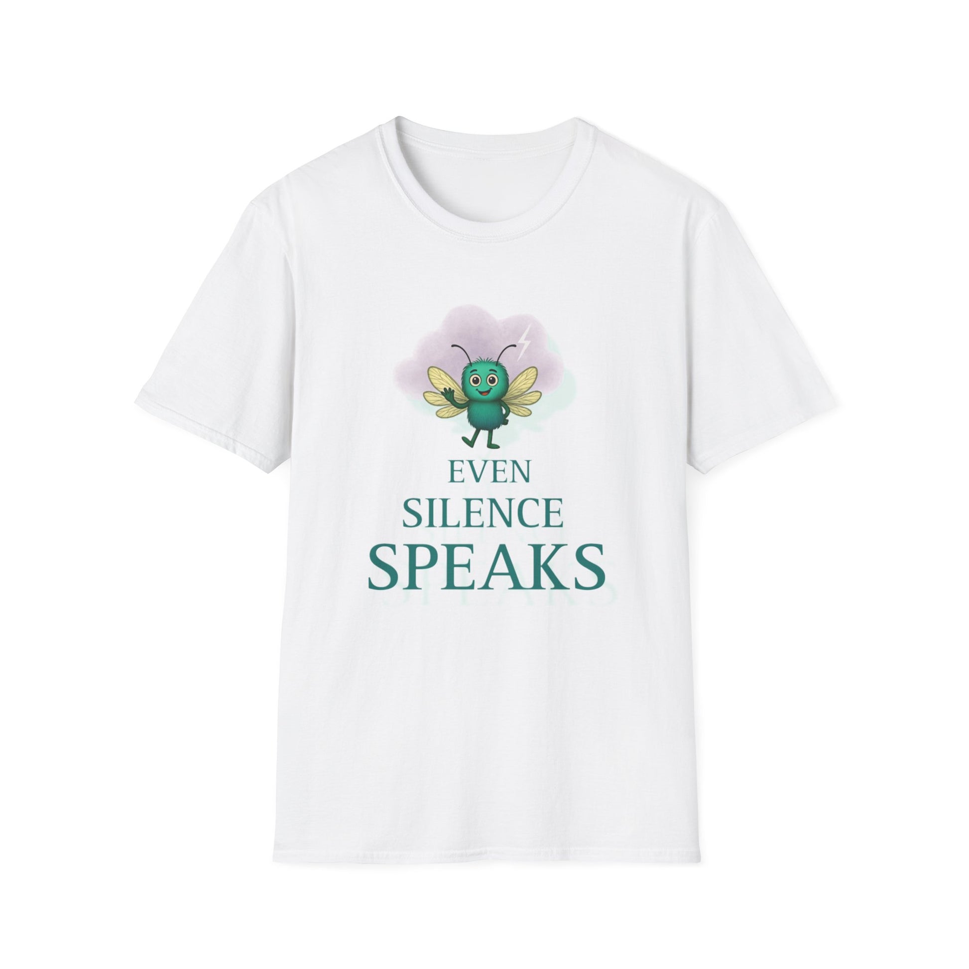 White t-shirt with a graphic of echo from the storm mosquitos and text 'Even Silence Speaks' on a white background
