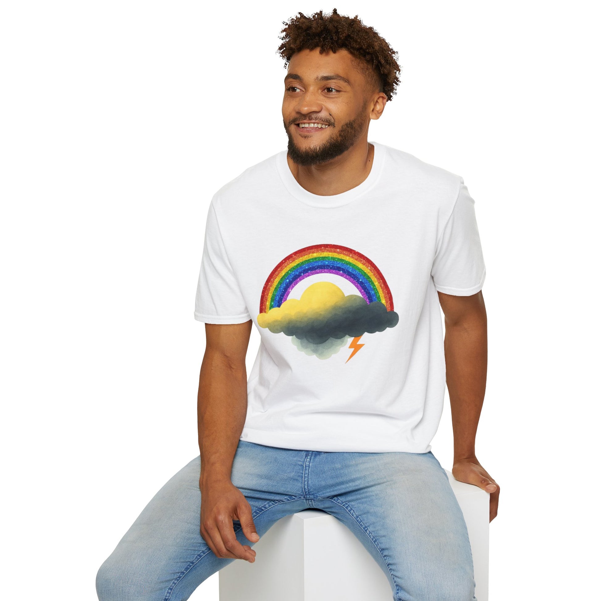 Man wearing a white t-shirt with a rainbow and Jay cloud design on a white background