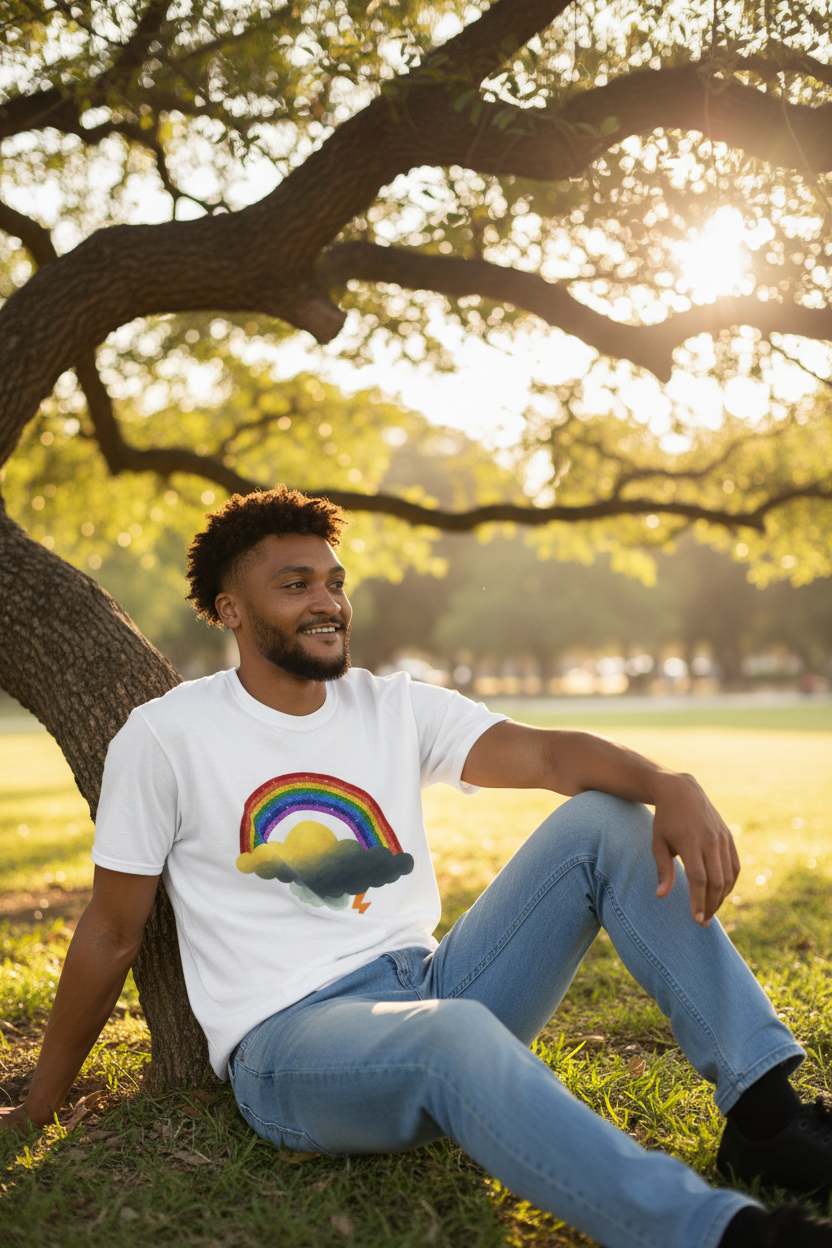 Man sitting under a tree in a park wearing a white t-shirt with a rainbow and Jay cloud design.