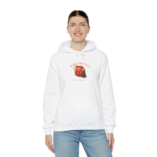 Model wearing white Buster Christmas hoodie with Buster in a Santa hat on the front and a matching red Christmas tree on the back.
