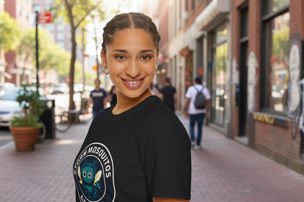 person wearing the storm mosquitos apparel logo tshirt in black