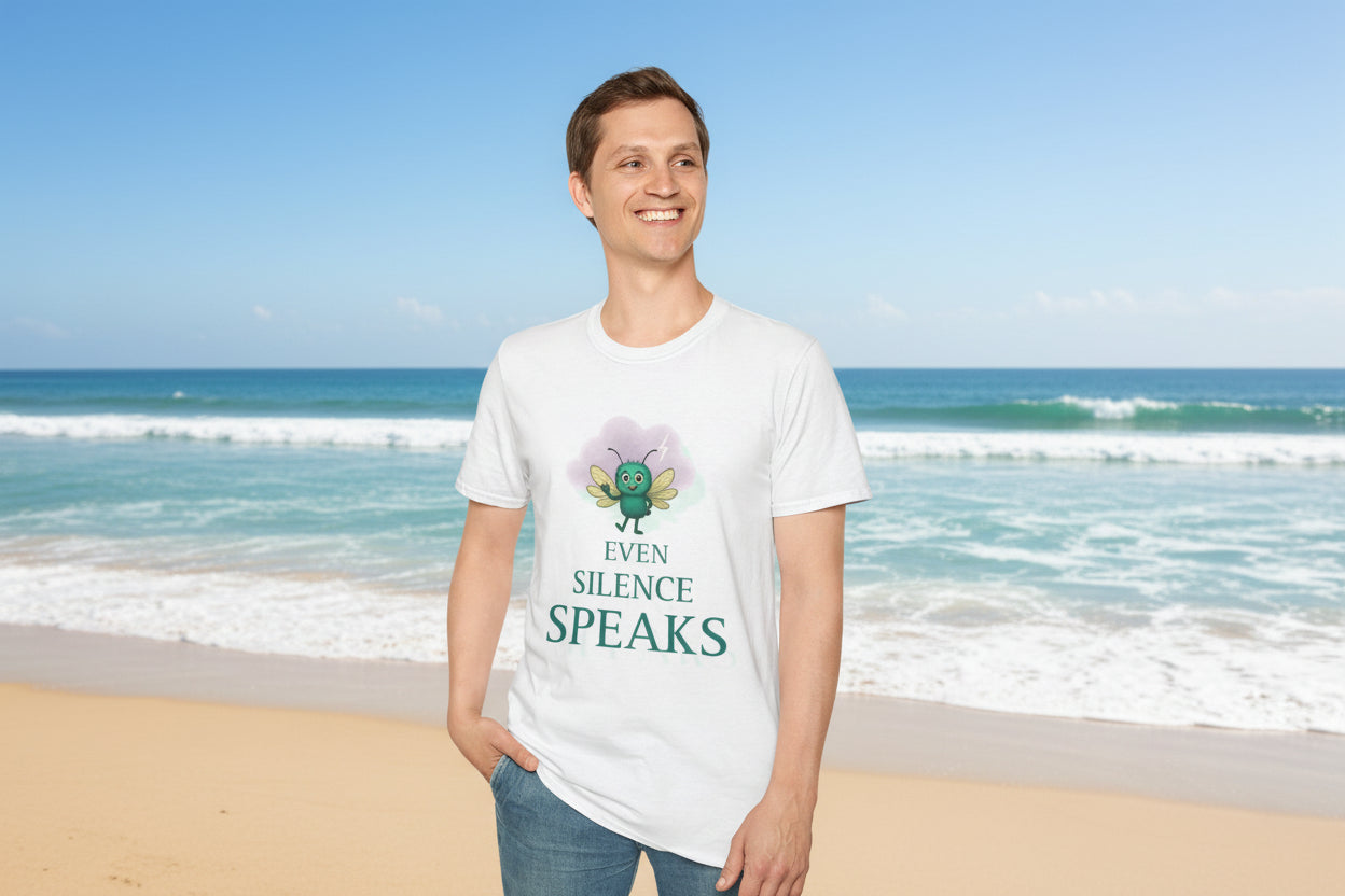 Person wearing a white t-shirt with a graphic design of echo from the storm mosquitos and motivational text at the beach