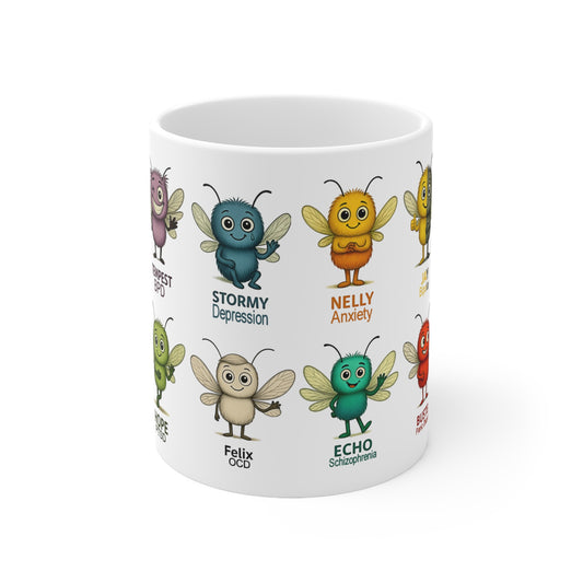 Mug featuring all Storm Mosquitos characters in a colourful wrap-around design. - front