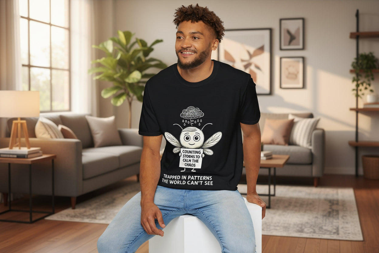 man sitting on a stool in a living room wearing a storm mosquitos tshirt featuring felix who represents OCD