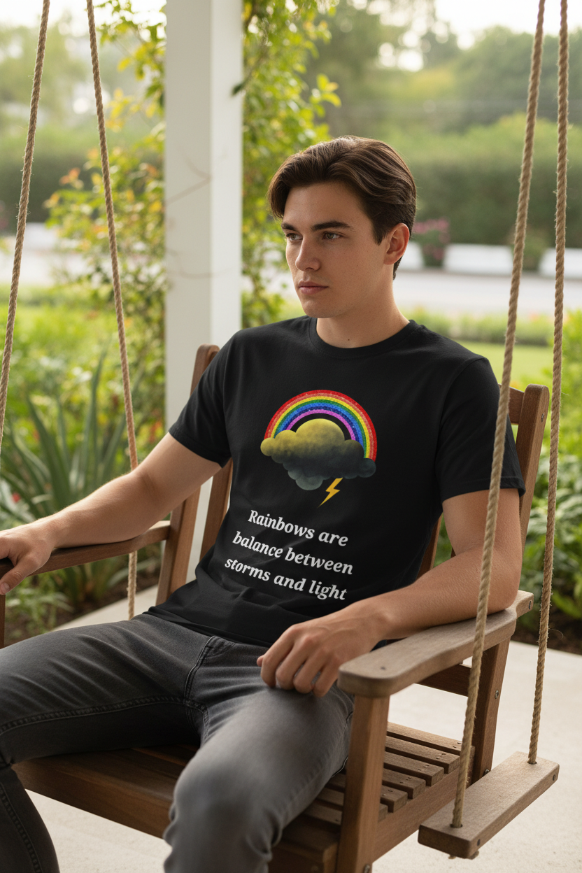 model wearing a Unisex t-shirt from the Rainbow Cloud Collection, featuring a colorful Storm Mosquitos design that represents mental health awareness and emotional resilience. Character: Nelly - black front