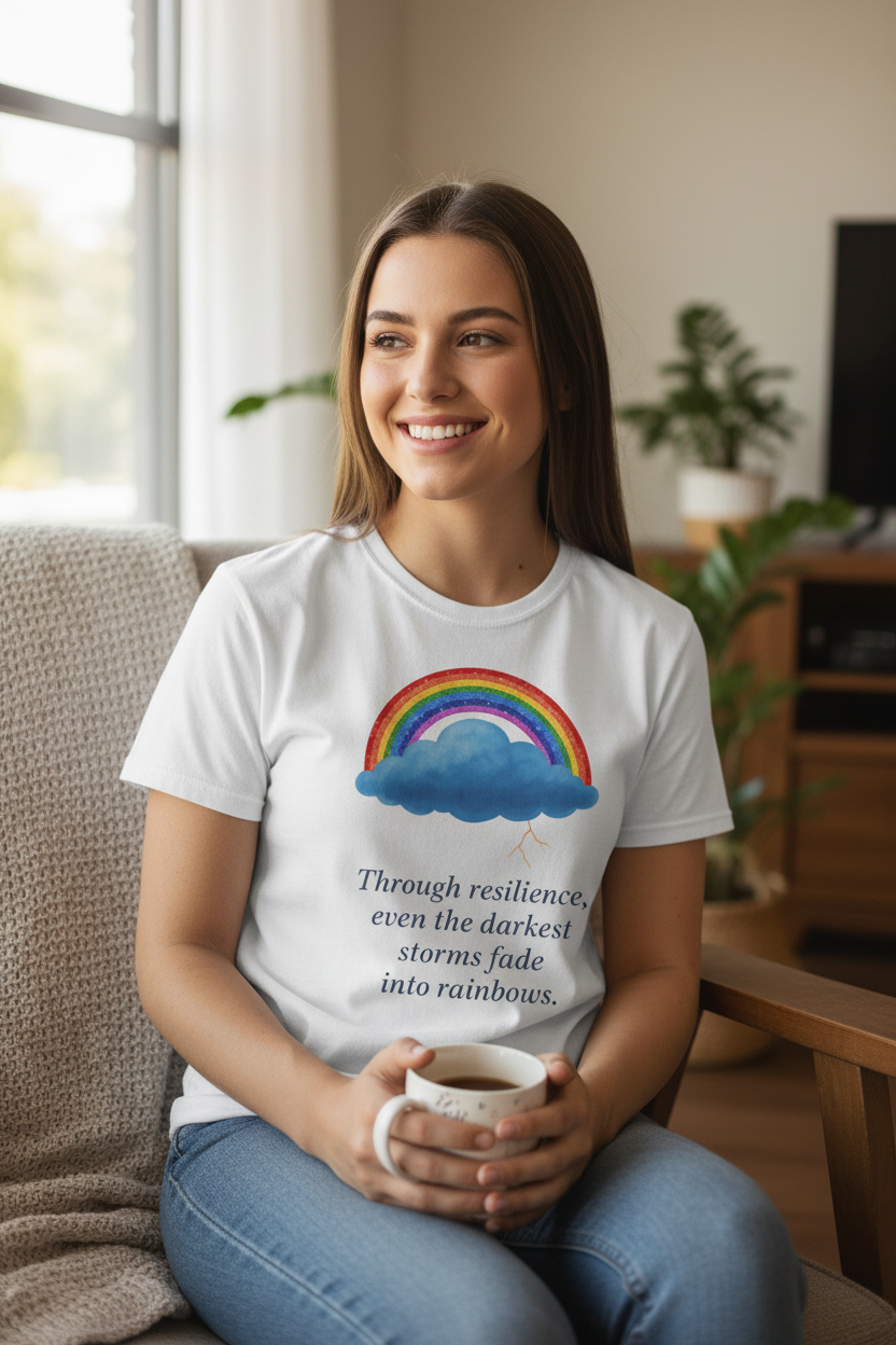 person wearing a Unisex white t-shirt from the Rainbow Cloud Series featuring a colorful rainbow over a storm cloud design that represents hope and resilience. Character: Stormy - front