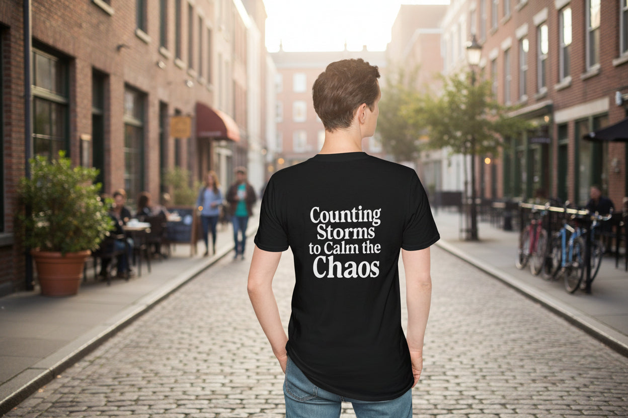 Person wearing a black t-shirt with motivational text on the back, standing in the street