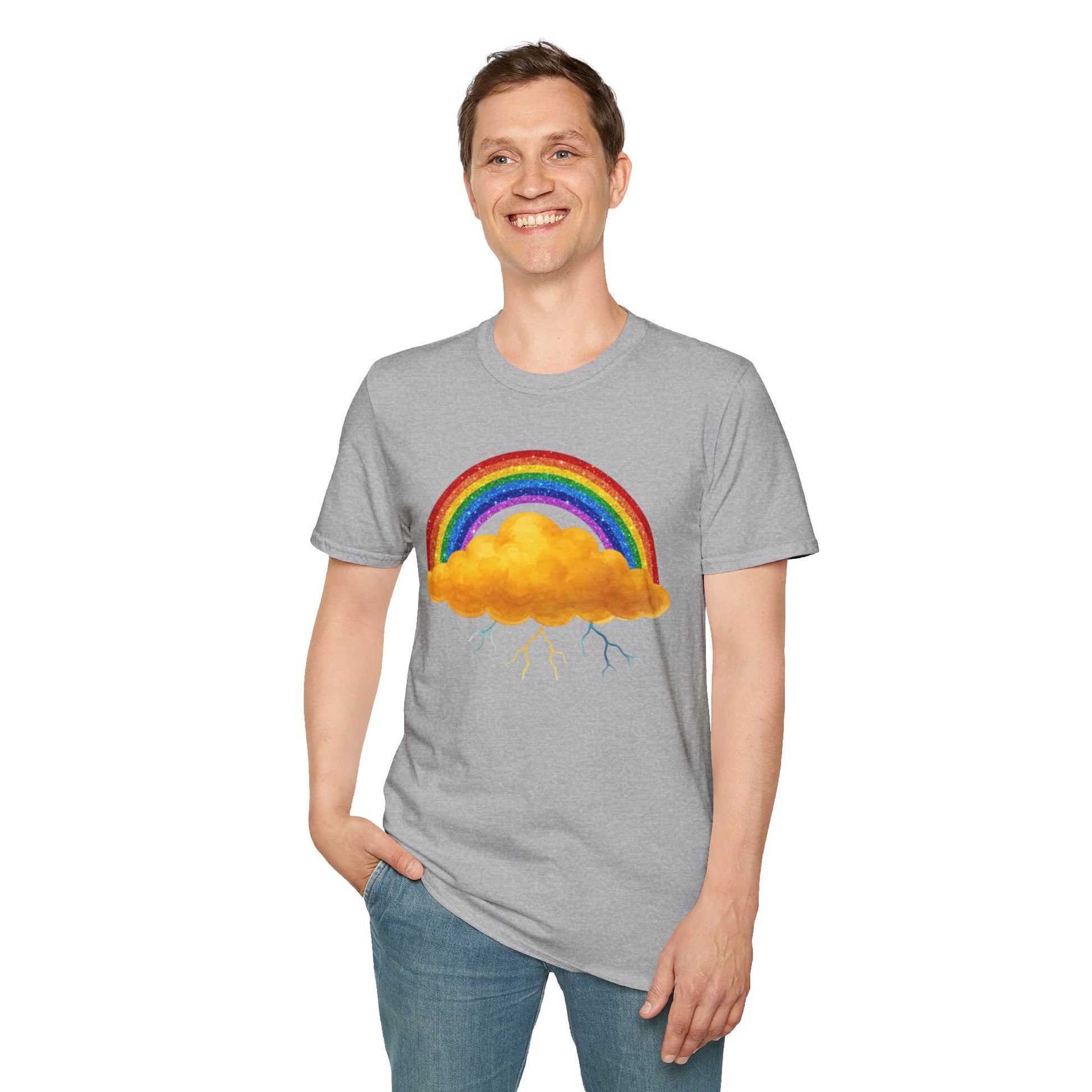 Person wearing a gray t-shirt with a rainbow and Nelly cloud design on a white background