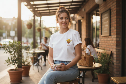 model wearing a White t-shirt with Nelly Character T-Shirt – Storm Mosquitos Apparel – Anxiety Awareness – Gildan Softstyle 64000